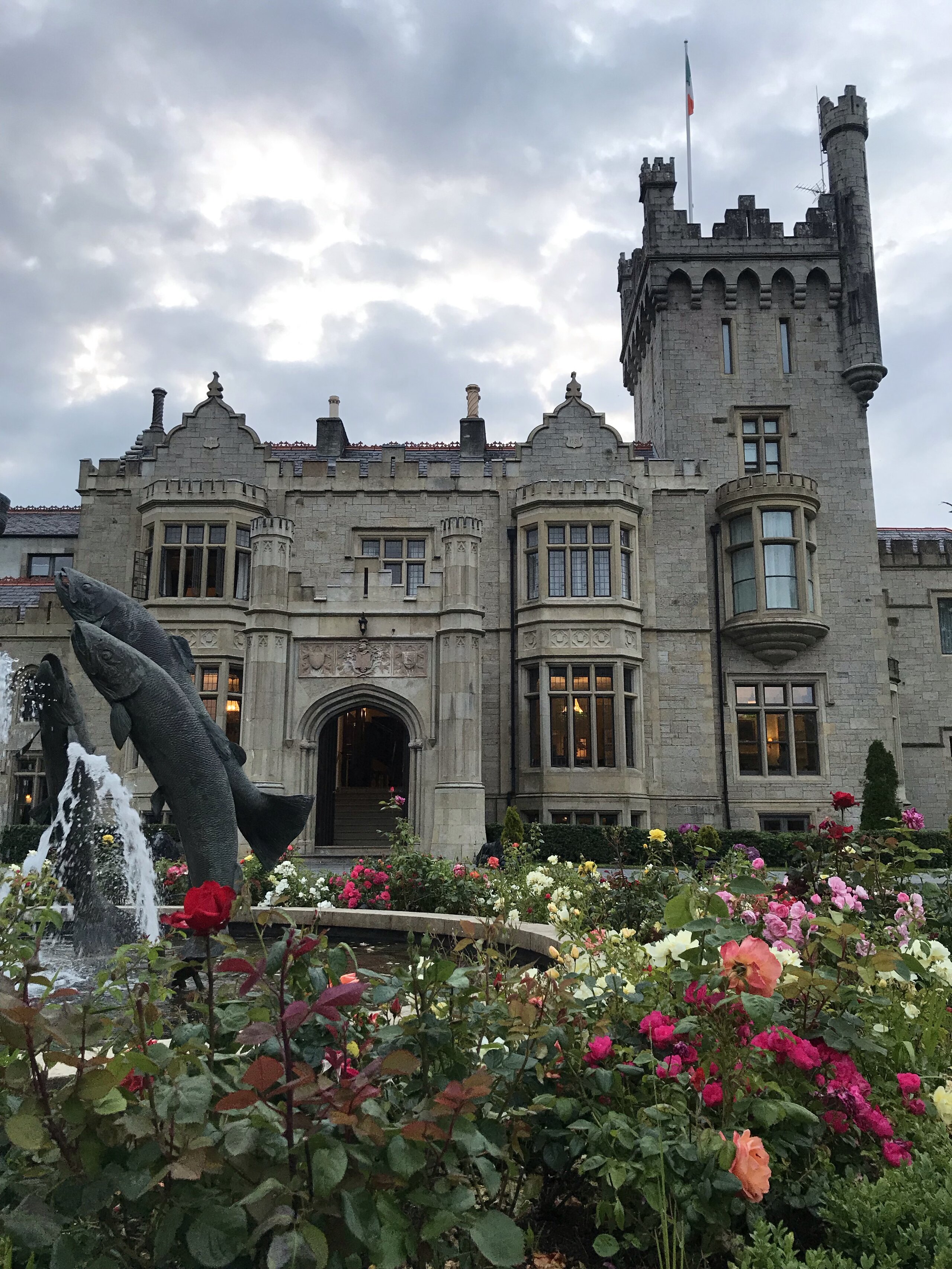 Irish castle hotel at sunset